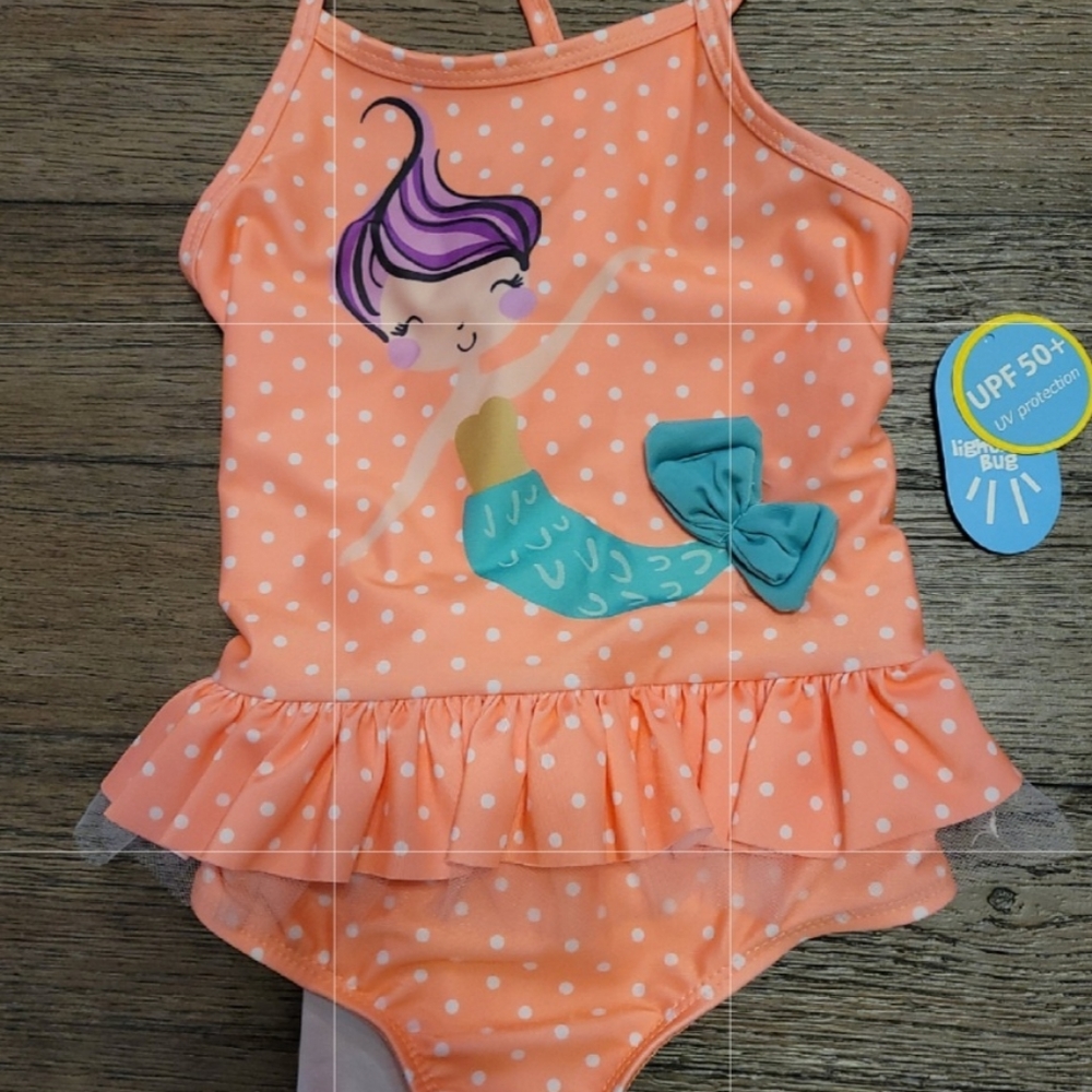 New Lightning Bug Peach Polka Dot Mermaid size 6 girls swimsuit